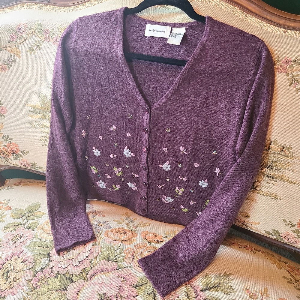 Sixty Two East Vintage Cropped Purple Embroidered Cardigan Sweater